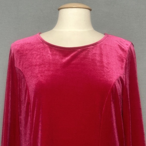 See and Be Seen Women Dress L Cassini Hot Pink Velvet Shift Ruffle Hem Retro - Picture 2 of 16